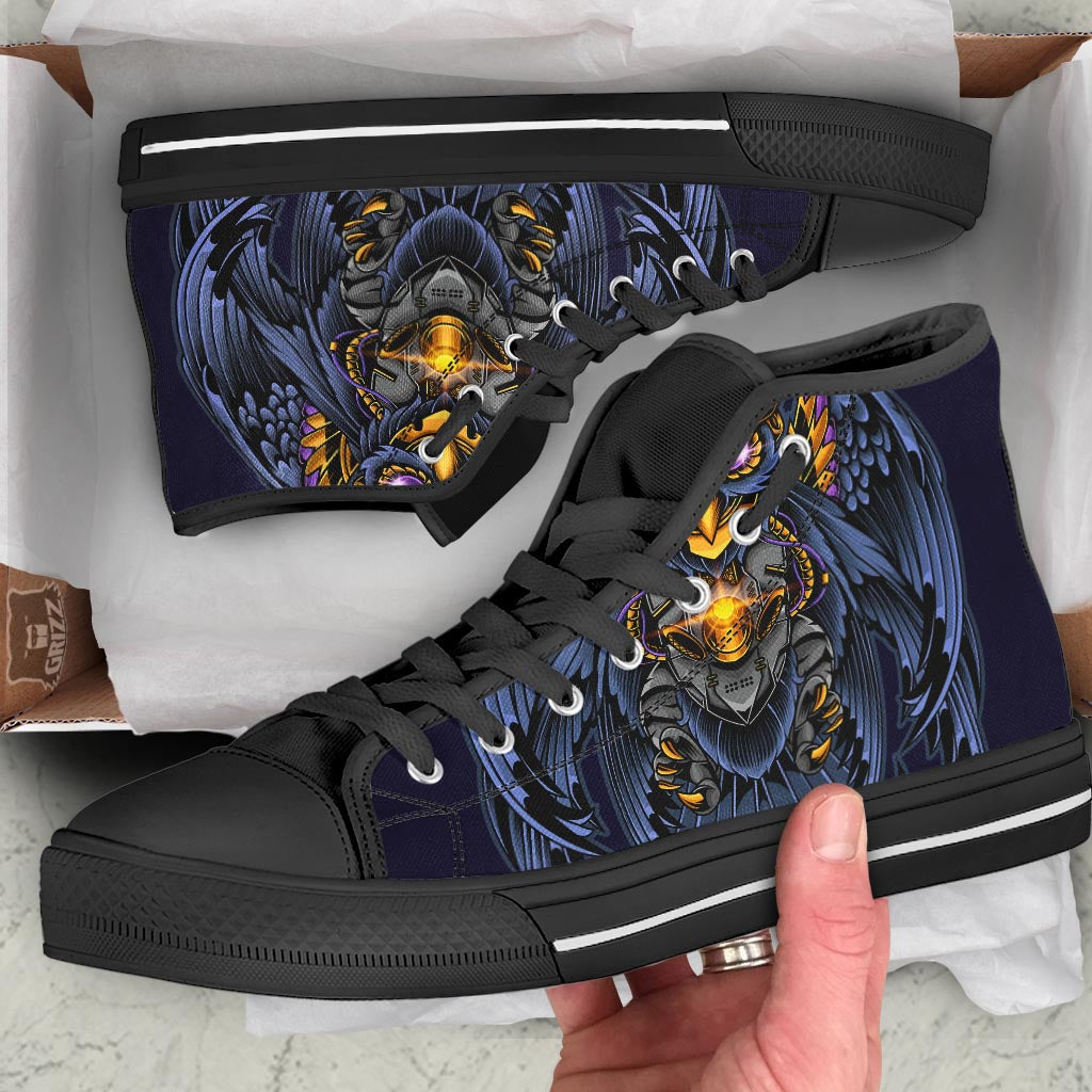Owl Steampunk Print Black High Top Shoes-grizzshop