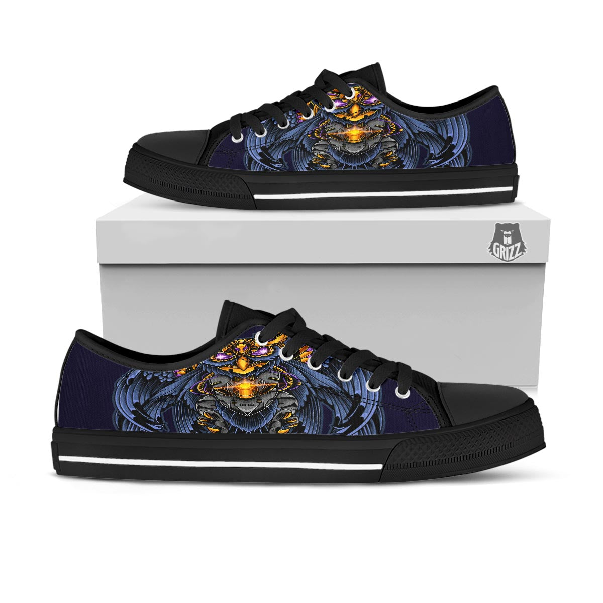 Owl Steampunk Print Black Low Top Shoes-grizzshop