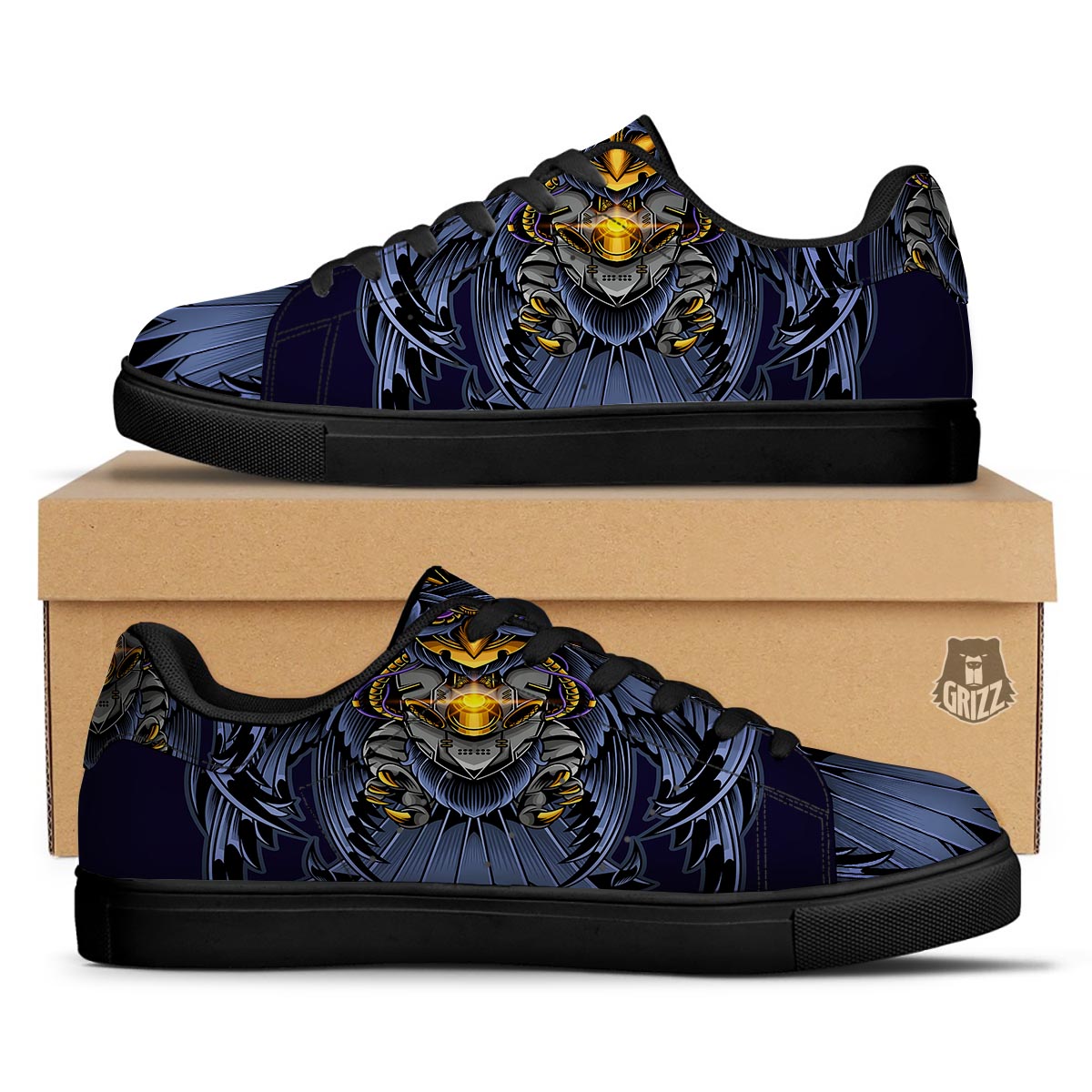 Owl Steampunk Print Black Low Top Sneakers-grizzshop
