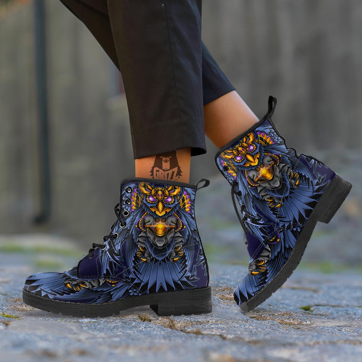 Owl Steampunk Print Leather Boots-grizzshop