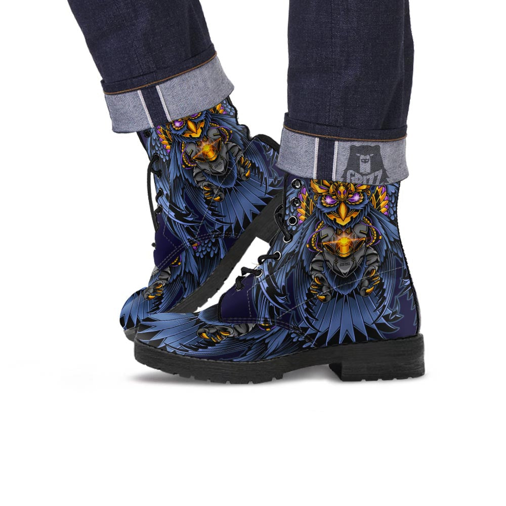 Owl Steampunk Print Leather Boots-grizzshop