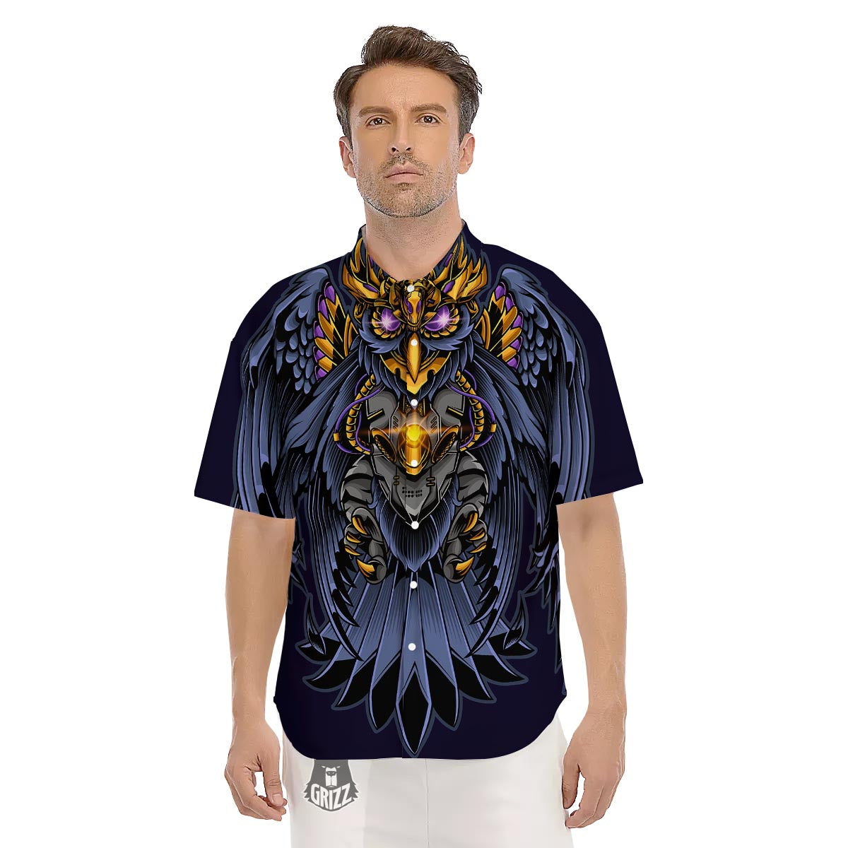 Owl Steampunk Print Men's Short Sleeve Shirts-grizzshop