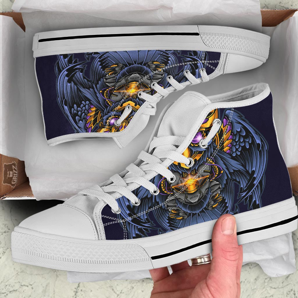 Owl Steampunk Print White High Top Shoes-grizzshop