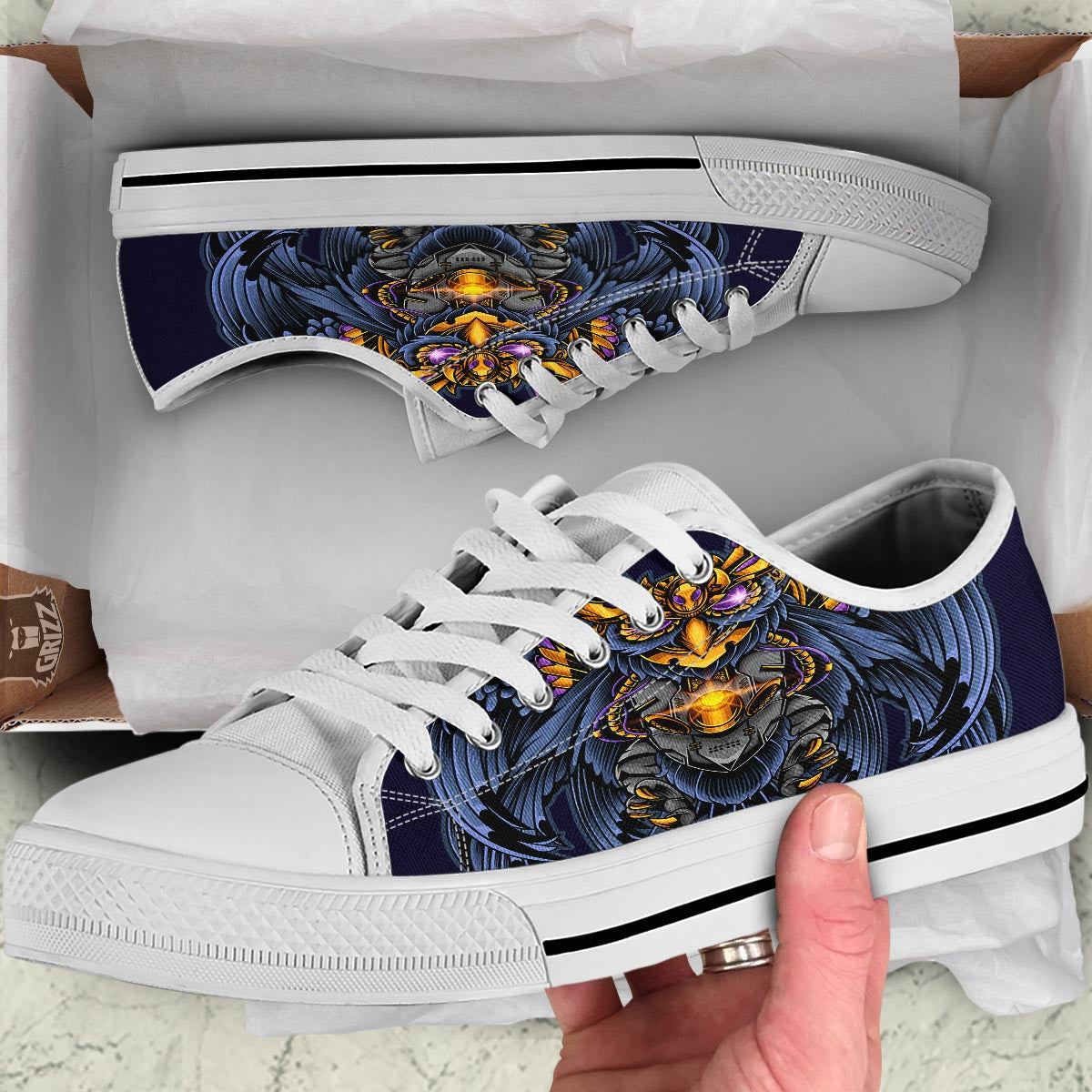 Owl Steampunk Print White Low Top Shoes-grizzshop