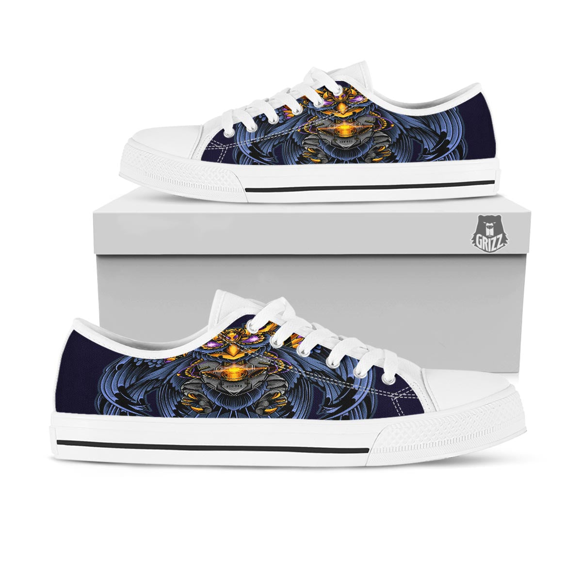 Owl Steampunk Print White Low Top Shoes-grizzshop