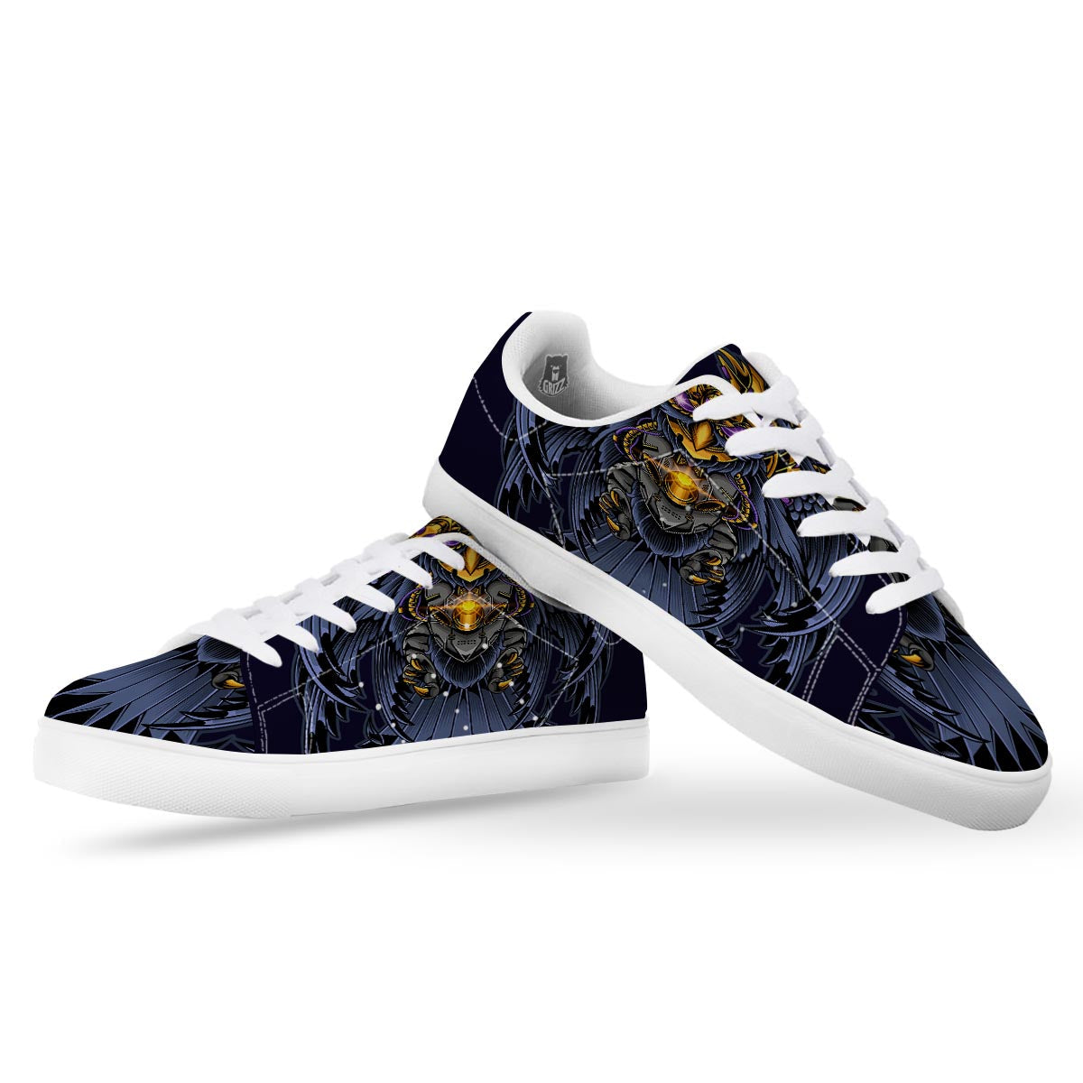 Owl Steampunk Print White Low Top Sneakers-grizzshop
