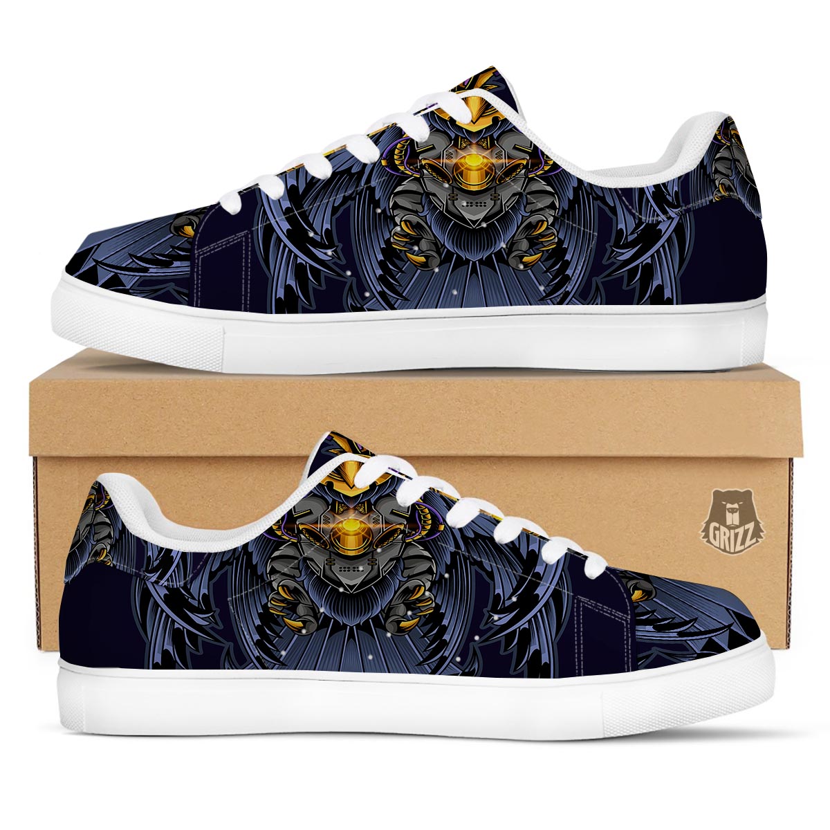 Owl Steampunk Print White Low Top Sneakers-grizzshop