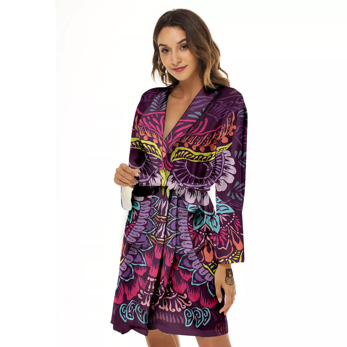 Owl Tribal Colorful Print Women's Robe-grizzshop