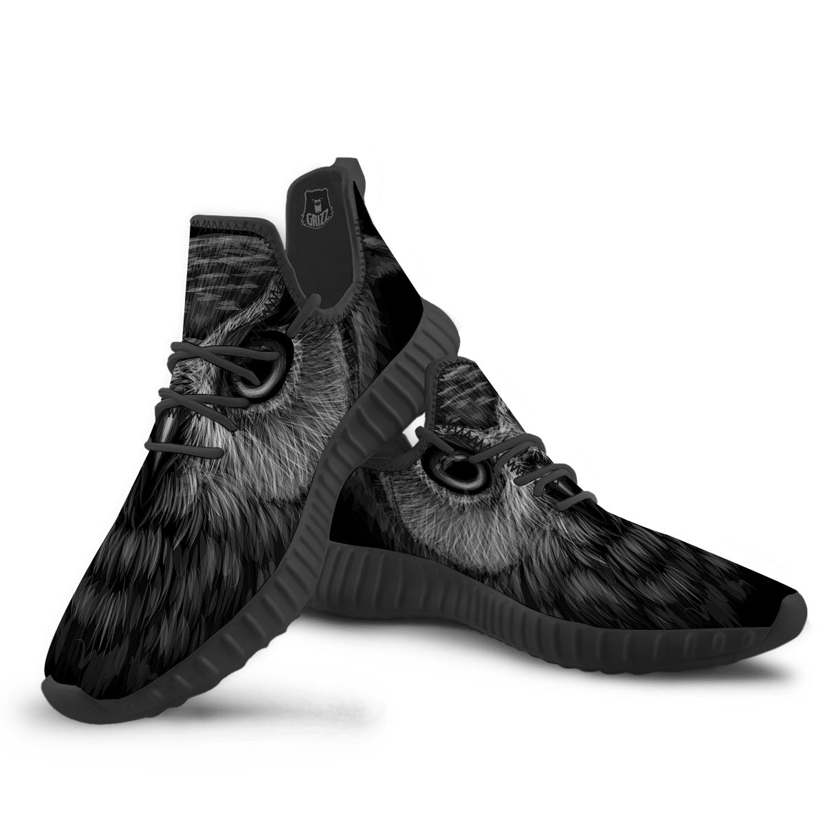 Owl White And Black Print Black Walking Shoes-grizzshop