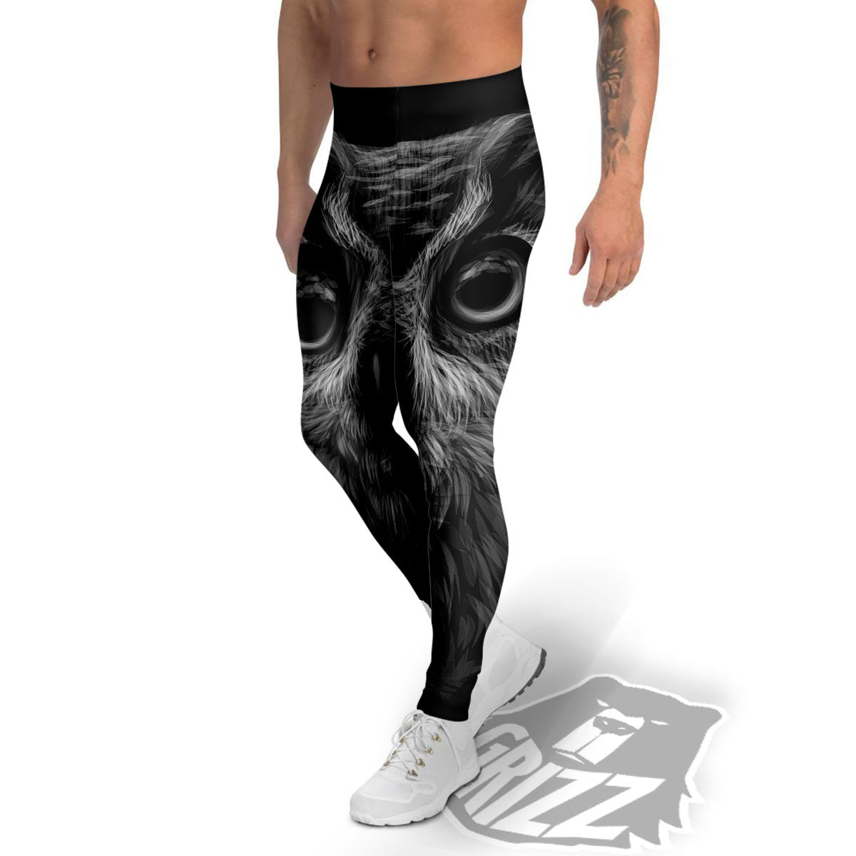 Owl White And Black Print Men's Leggings-grizzshop