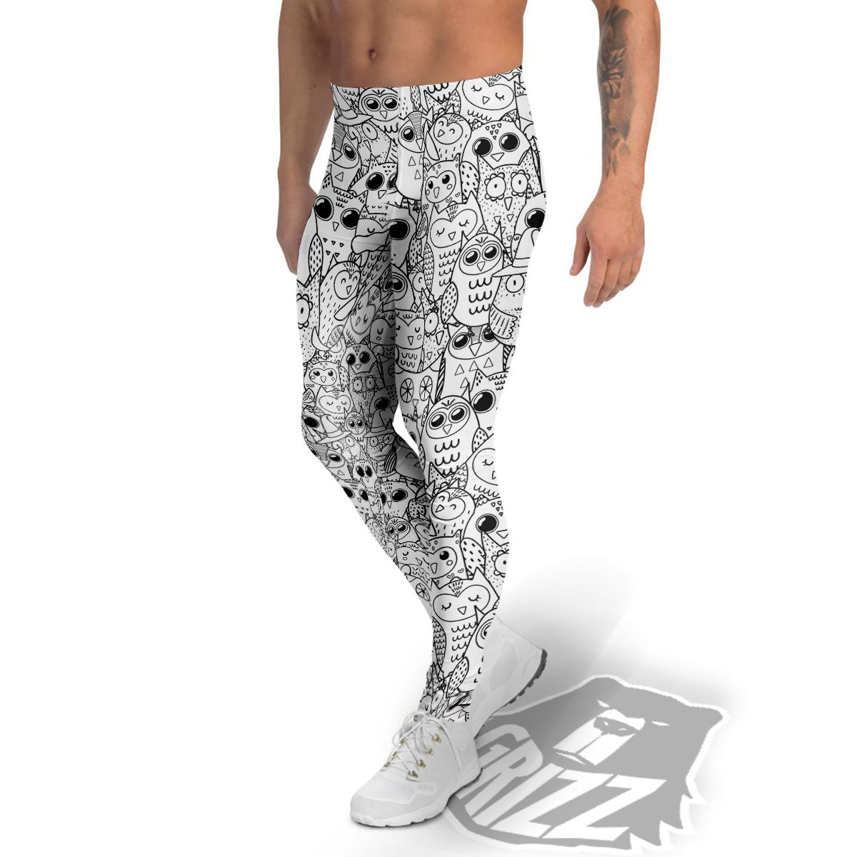 Owl White And Black Print Pattern Men's Leggings-grizzshop