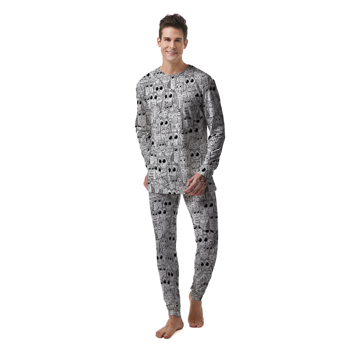 Owl White And Black Print Pattern Men's Pajamas-grizzshop