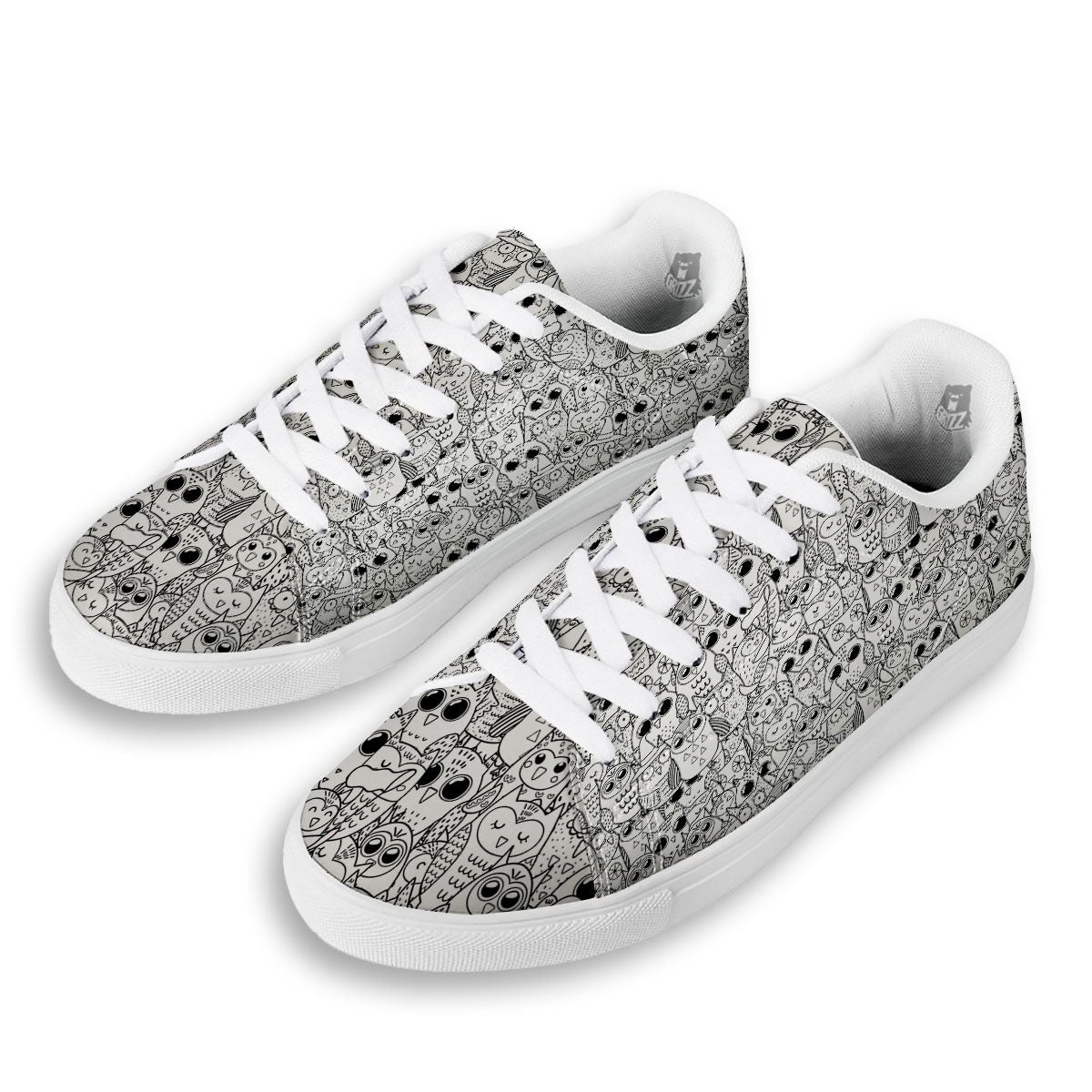 Owl White And Black Print Pattern White Low Top Sneakers-grizzshop