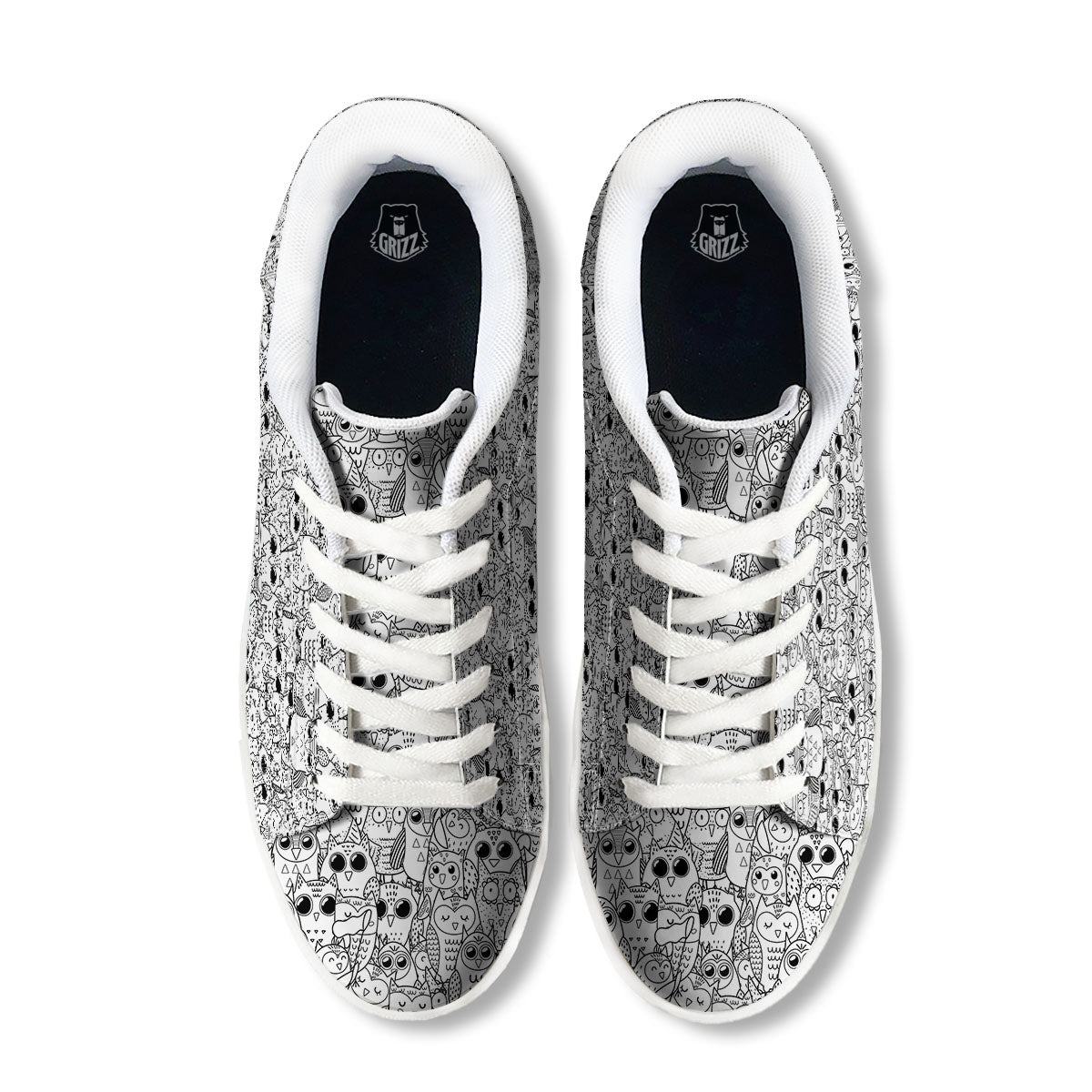 Owl White And Black Print Pattern White Low Top Sneakers-grizzshop