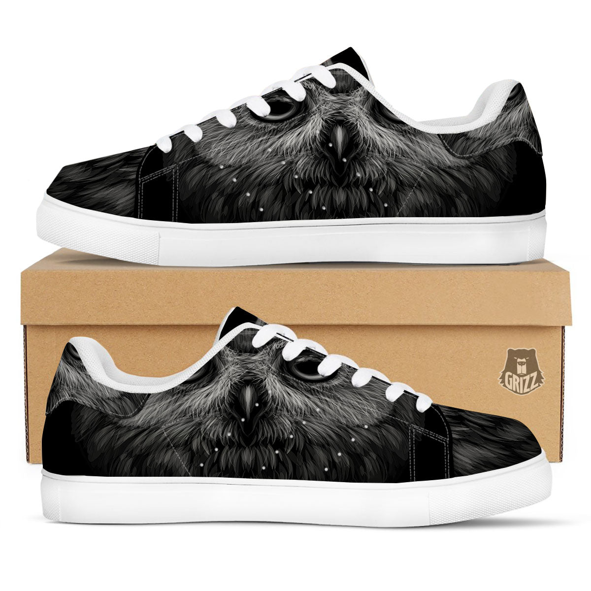 Owl White And Black Print White Low Top Sneakers-grizzshop
