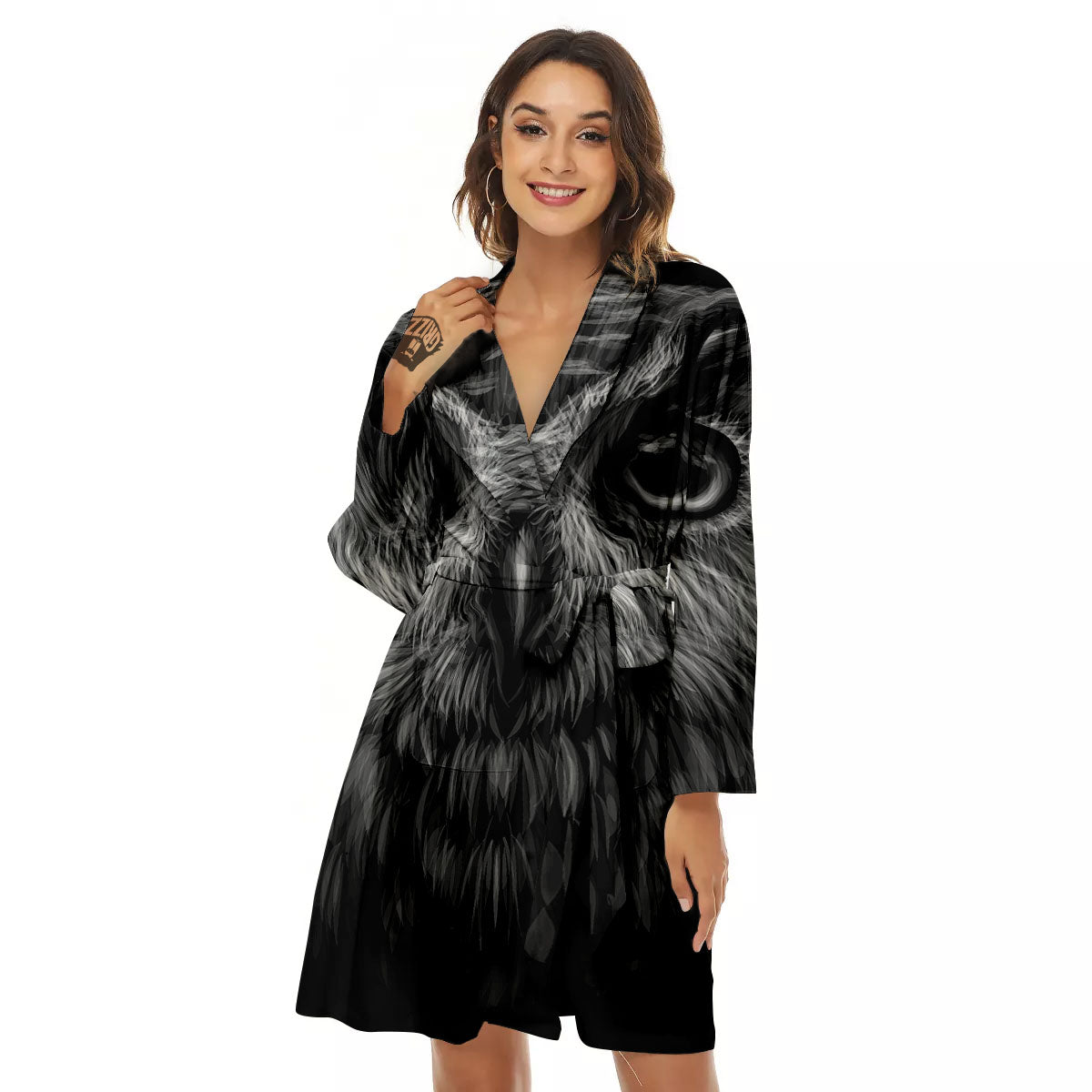 Owl White And Black Print Women's Robe-grizzshop