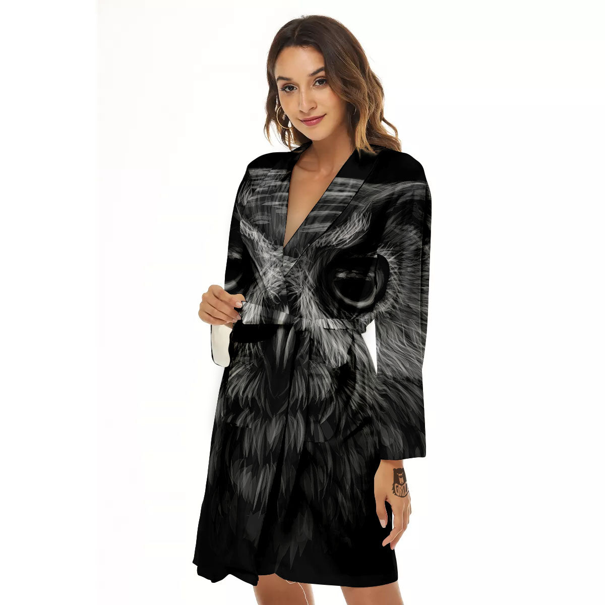Owl White And Black Print Women's Robe-grizzshop