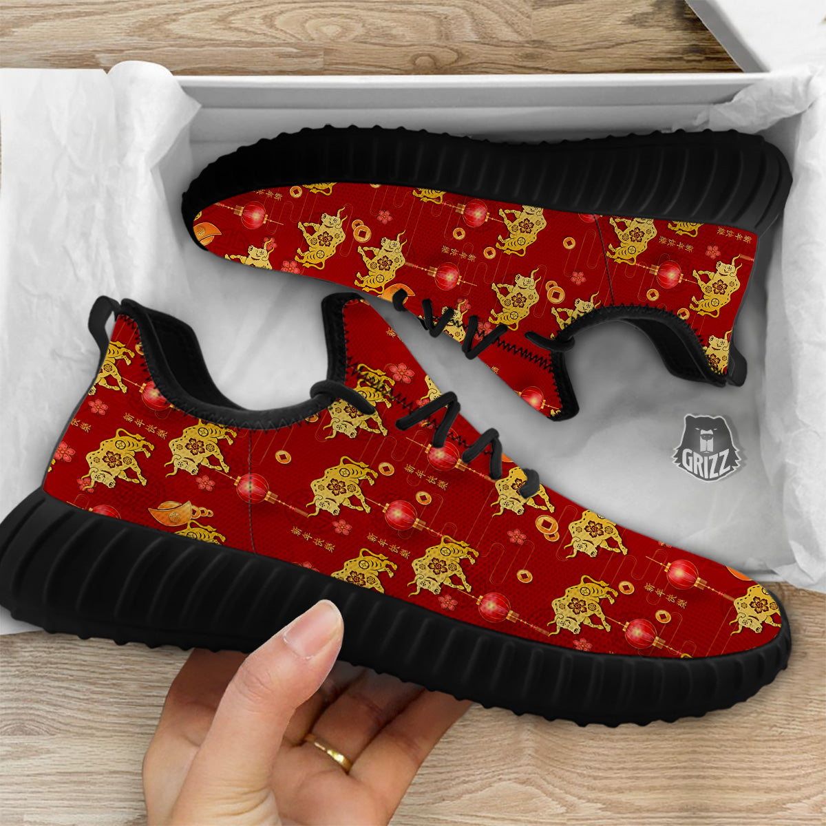 Ox And Chinese New Year Print Pattern Black Walking Shoes-grizzshop