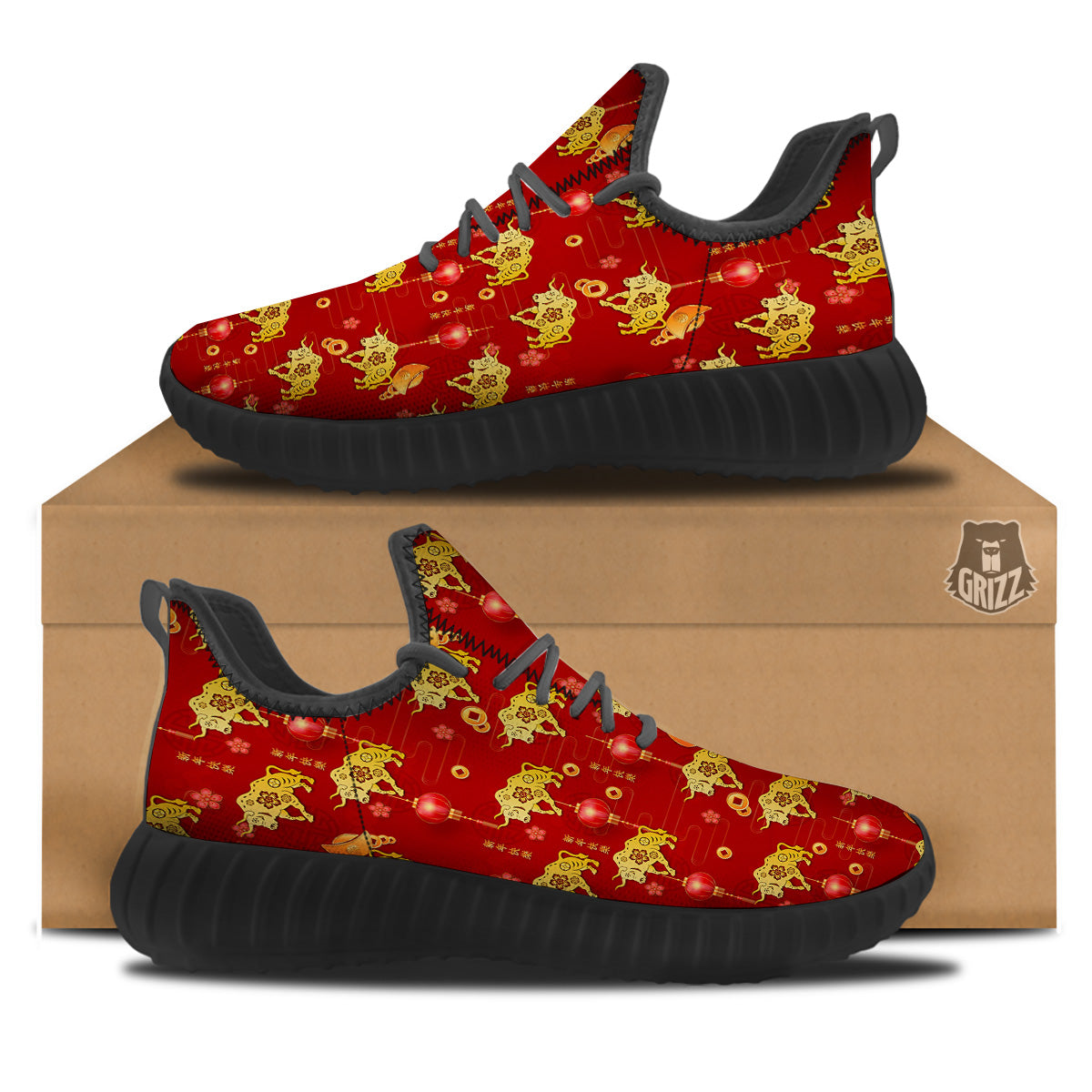Ox And Chinese New Year Print Pattern Black Walking Shoes-grizzshop