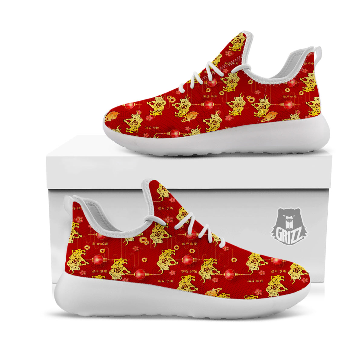 Ox And Chinese New Year Print Pattern White Athletic Shoes-grizzshop