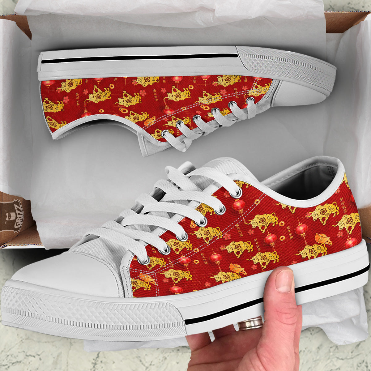 Ox And Chinese New Year Print Pattern White Low Top Shoes-grizzshop
