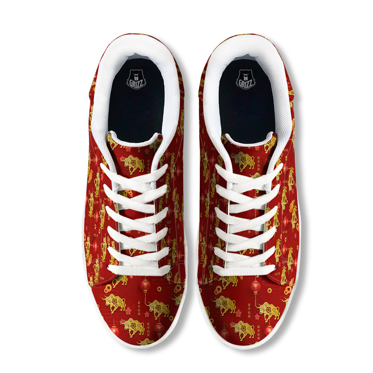 Ox And Chinese New Year Print Pattern White Low Top Sneakers-grizzshop