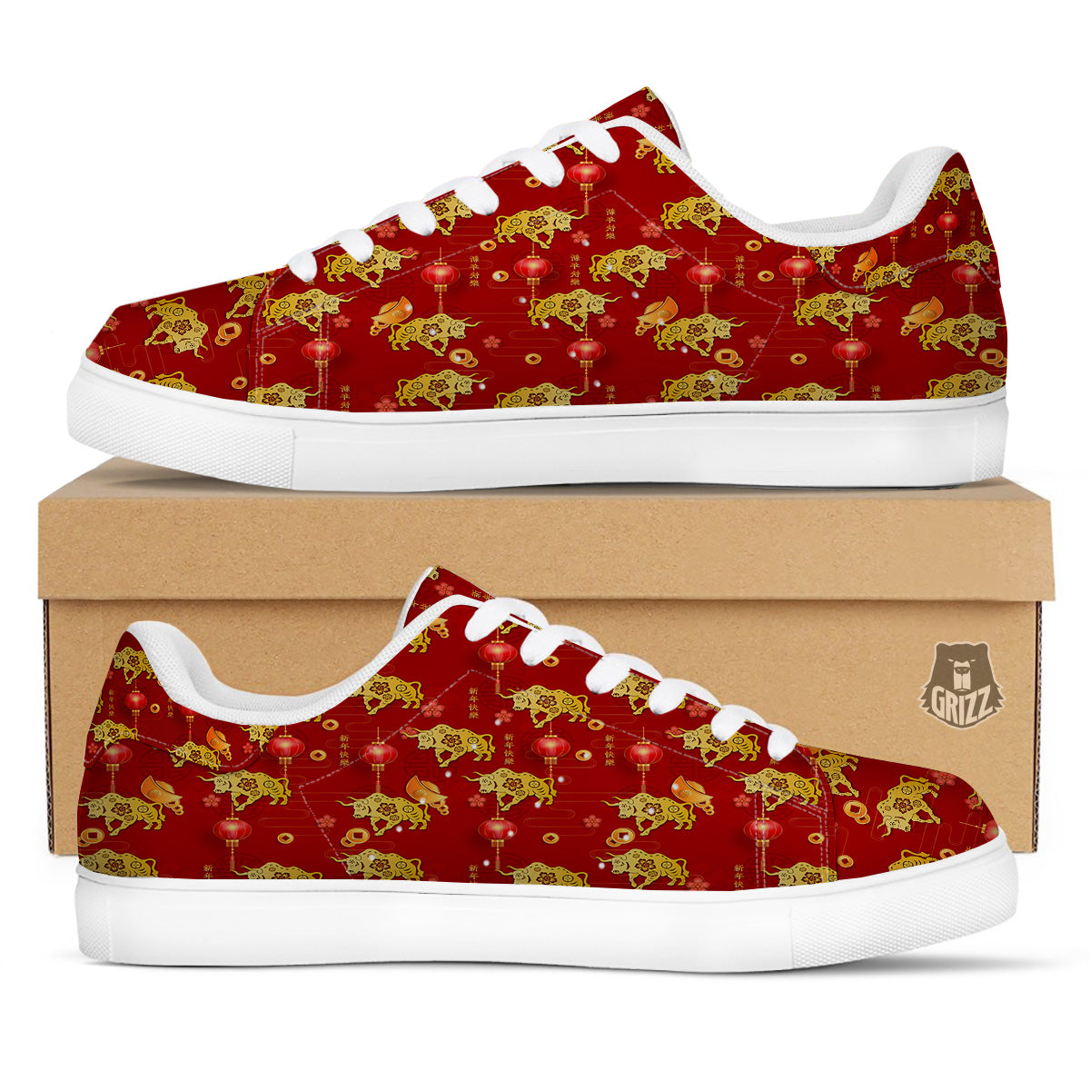 Ox And Chinese New Year Print Pattern White Low Top Sneakers-grizzshop