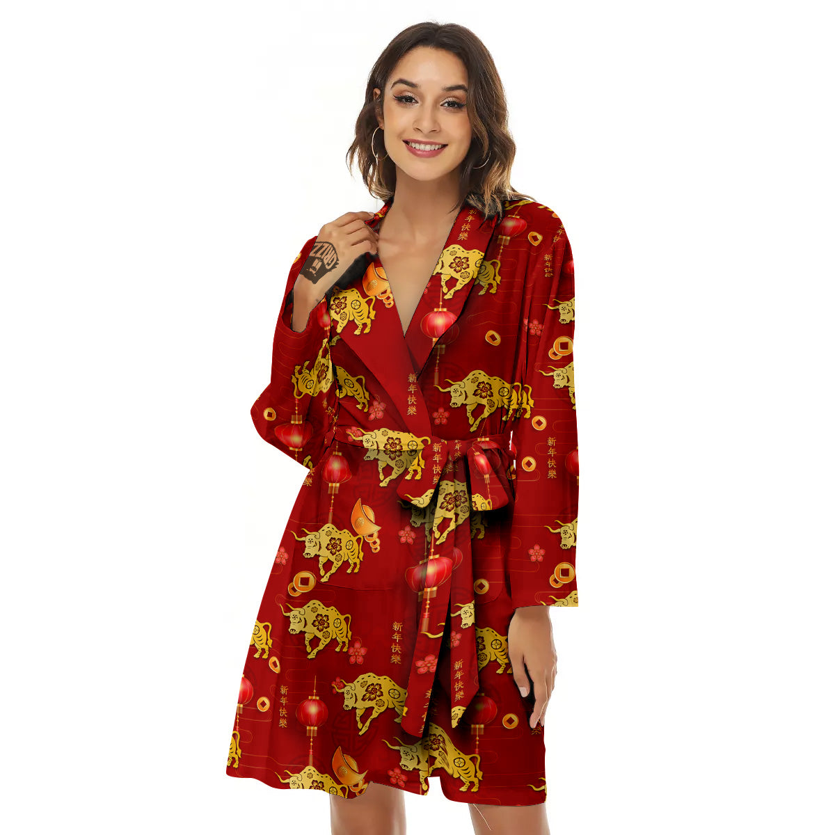 Ox And Chinese New Year Print Pattern Women's Robe-grizzshop