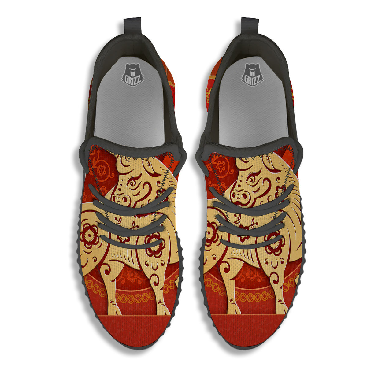 Ox Sign Chinese Horoscope Print Black Walking Shoes-grizzshop