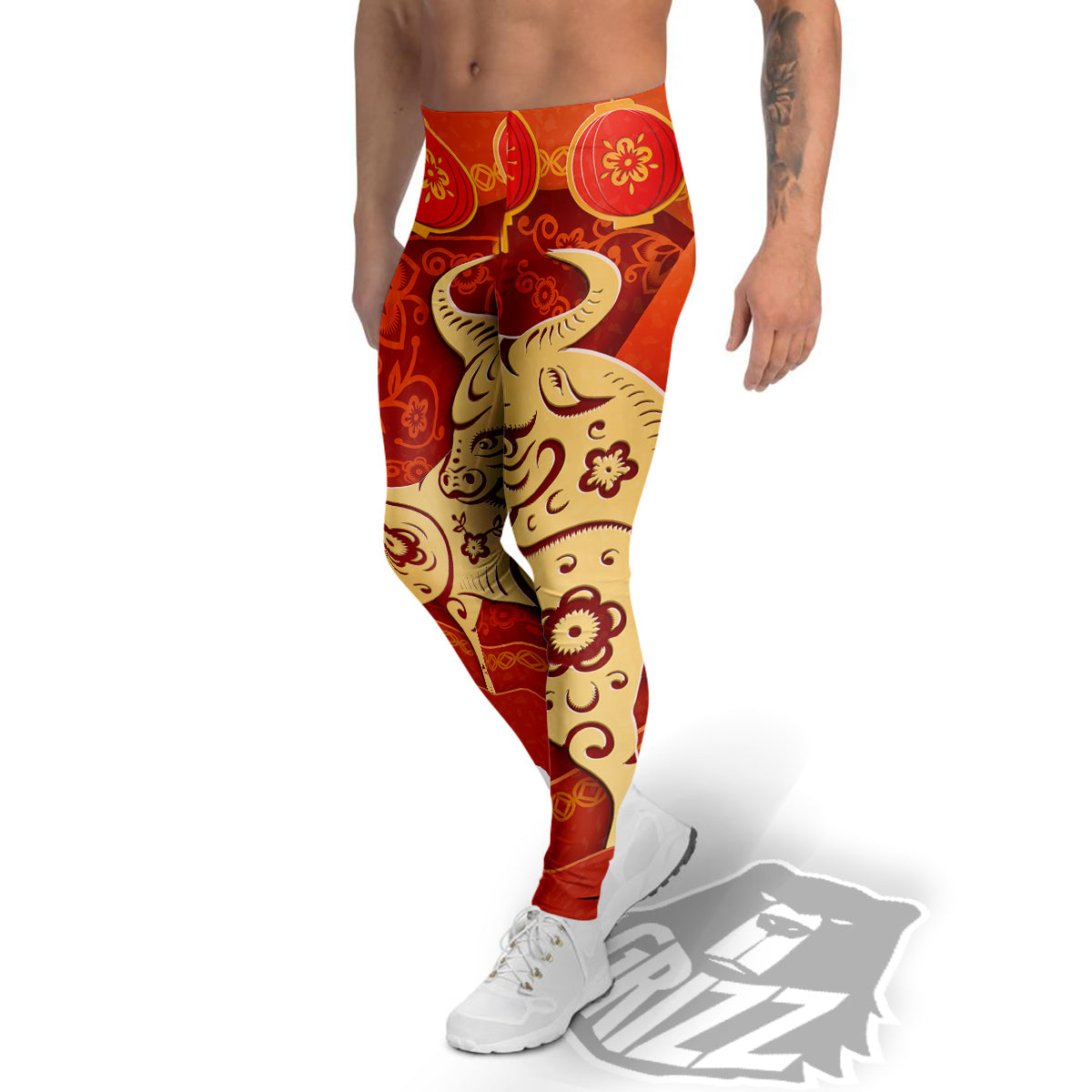Ox Sign Chinese Horoscope Print Men's Leggings-grizzshop