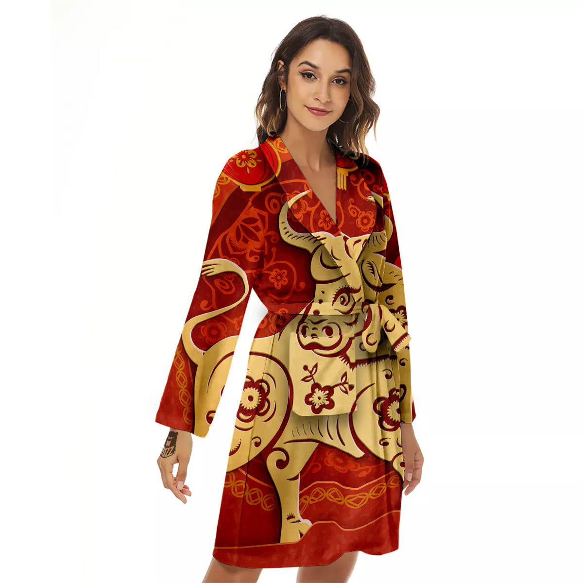 Ox Sign Chinese Horoscope Print Women's Robe-grizzshop