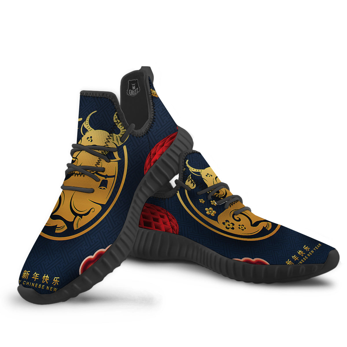 Ox Zodiac Chinese Cute Print Black Walking Shoes-grizzshop