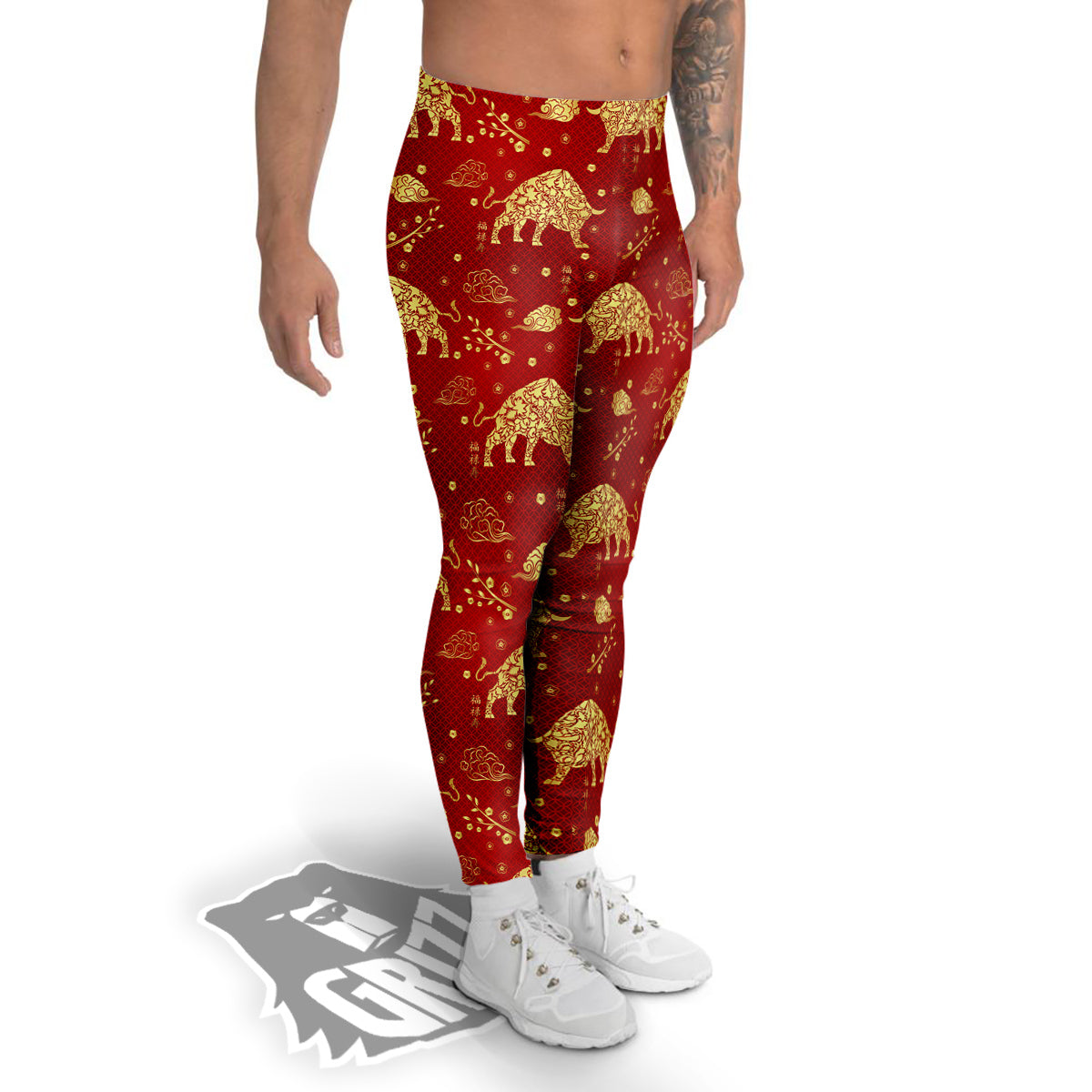 Ox Zodiac Chinese Flower Print Men's Leggings-grizzshop