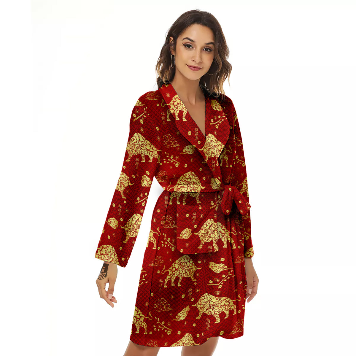 Ox Zodiac Chinese Flower Print Women's Robe-grizzshop