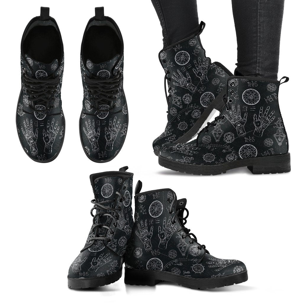 Pagan Gothic Wiccan Witch Pattern Print Men Women Leather Boots-grizzshop