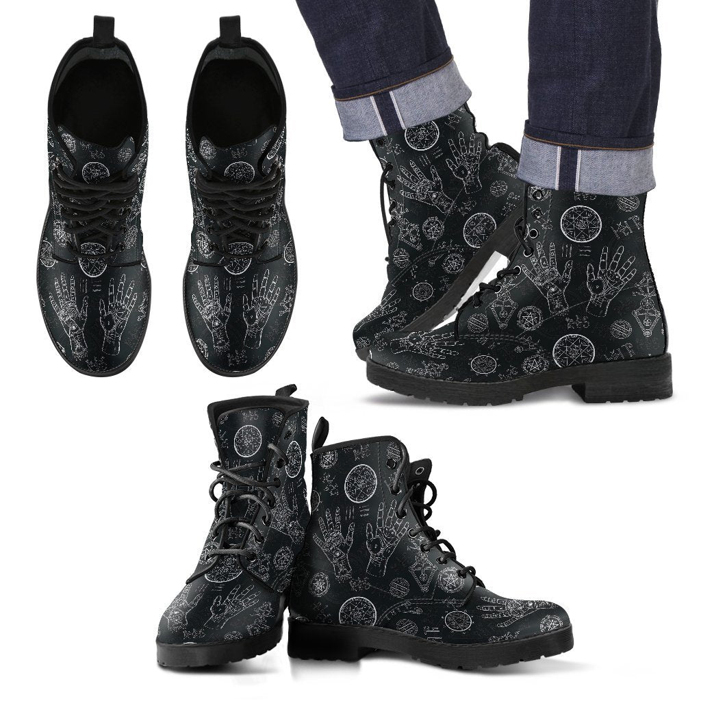 Pagan Gothic Wiccan Witch Pattern Print Men Women Leather Boots-grizzshop