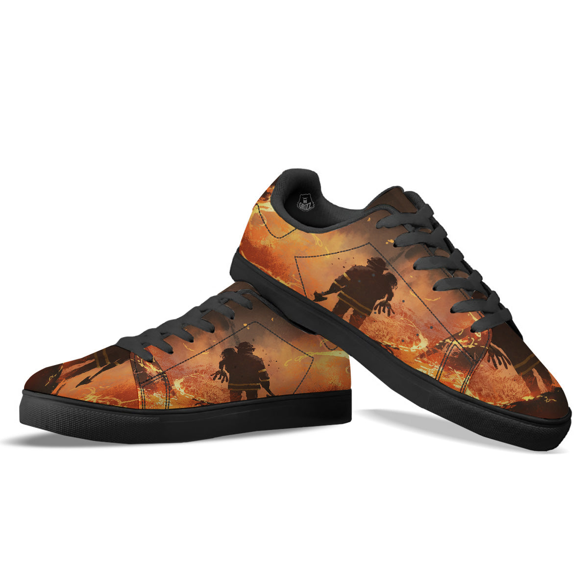 Painting Brave Firefighter Print Black Low Top Sneakers-grizzshop