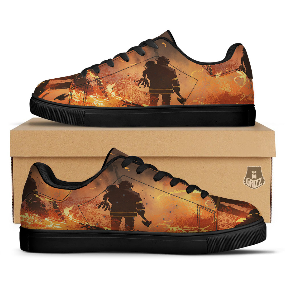 Painting Brave Firefighter Print Black Low Top Sneakers-grizzshop