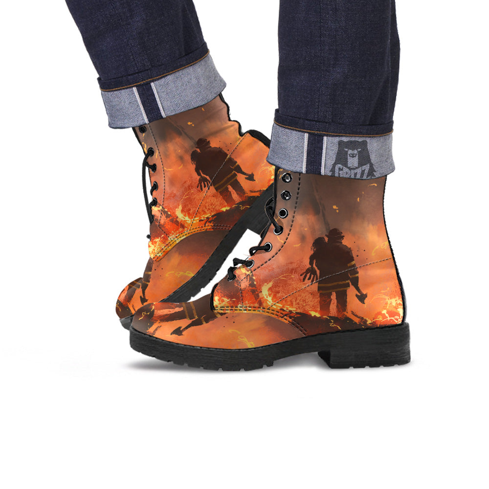 Painting Brave Firefighter Print Leather Boots-grizzshop