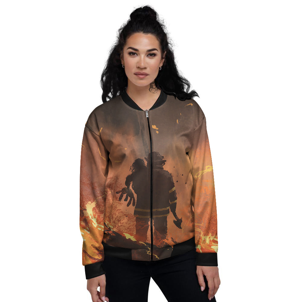Painting Brave Firefighter Print Women's Bomber Jacket-grizzshop
