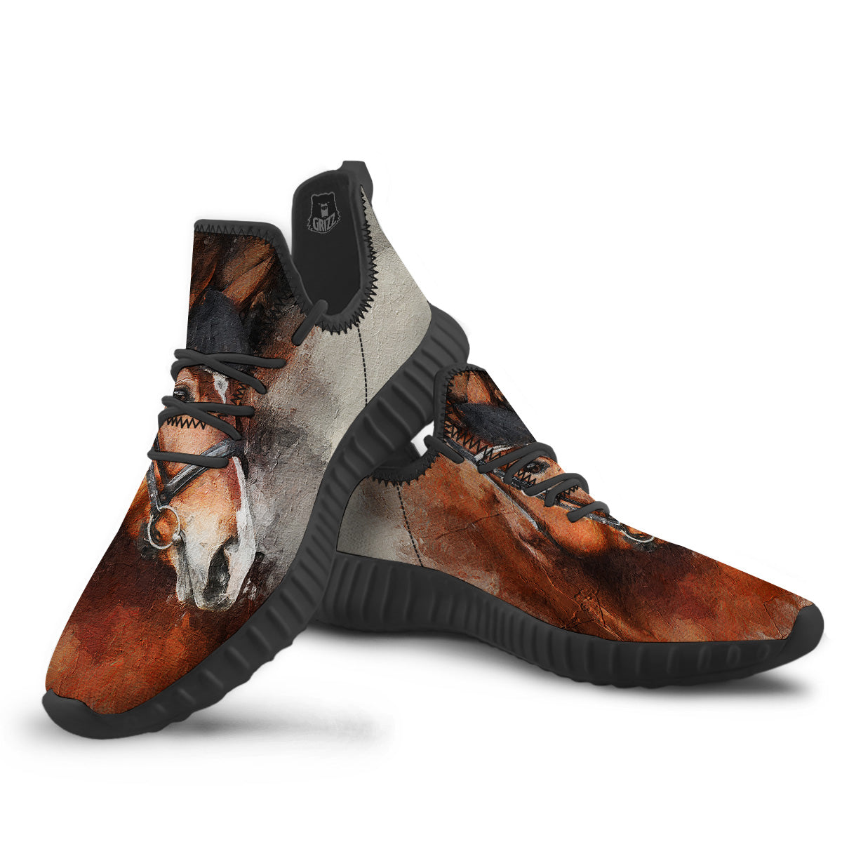 Painting Brown Horse Print Black Walking Shoes-grizzshop