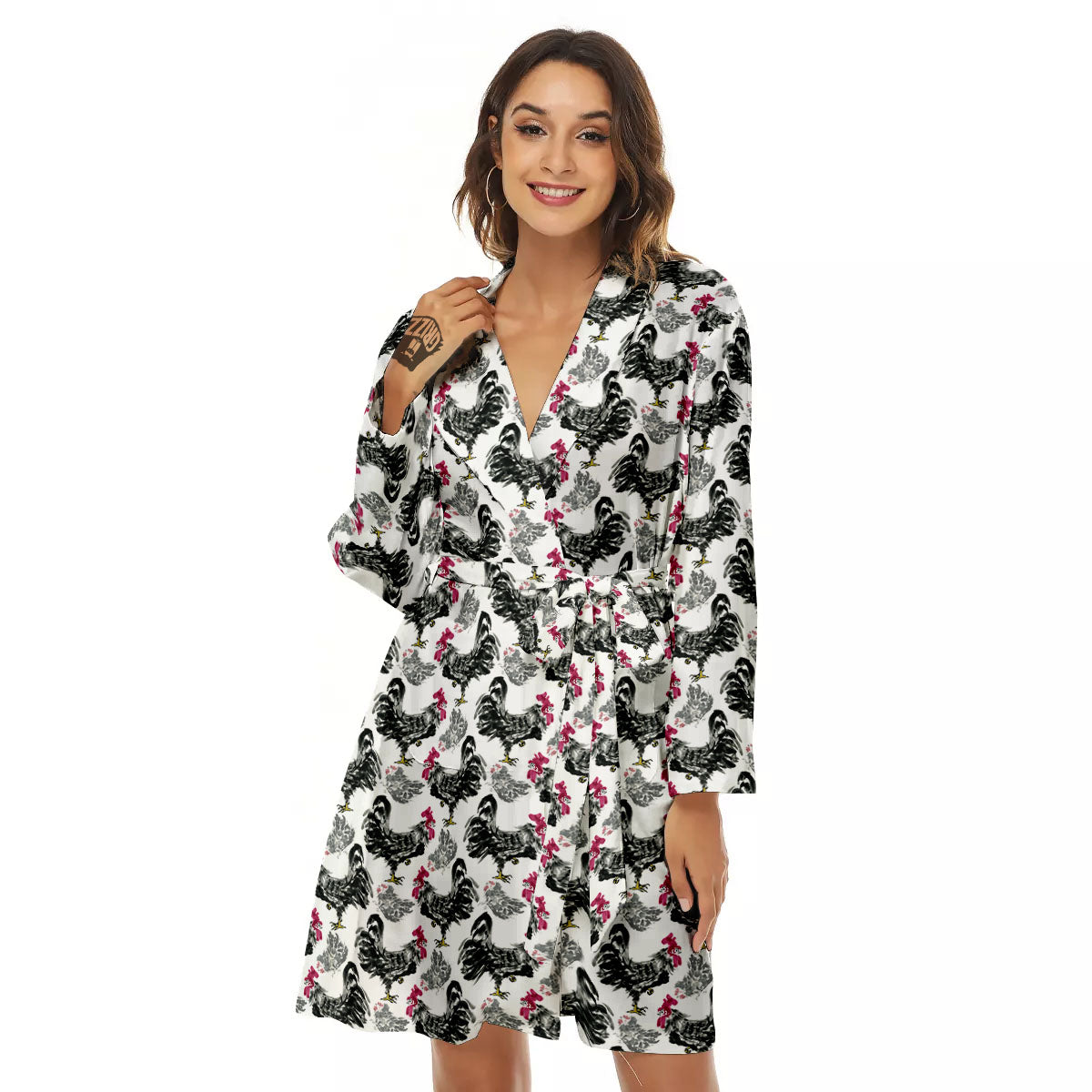Painting Chicken Ink Print Pattern Women's Robe-grizzshop