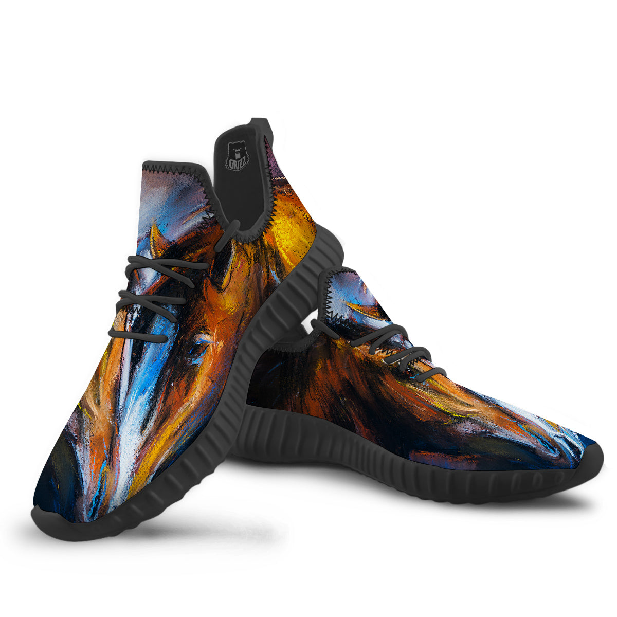 Painting Couple Horses Print Black Walking Shoes-grizzshop
