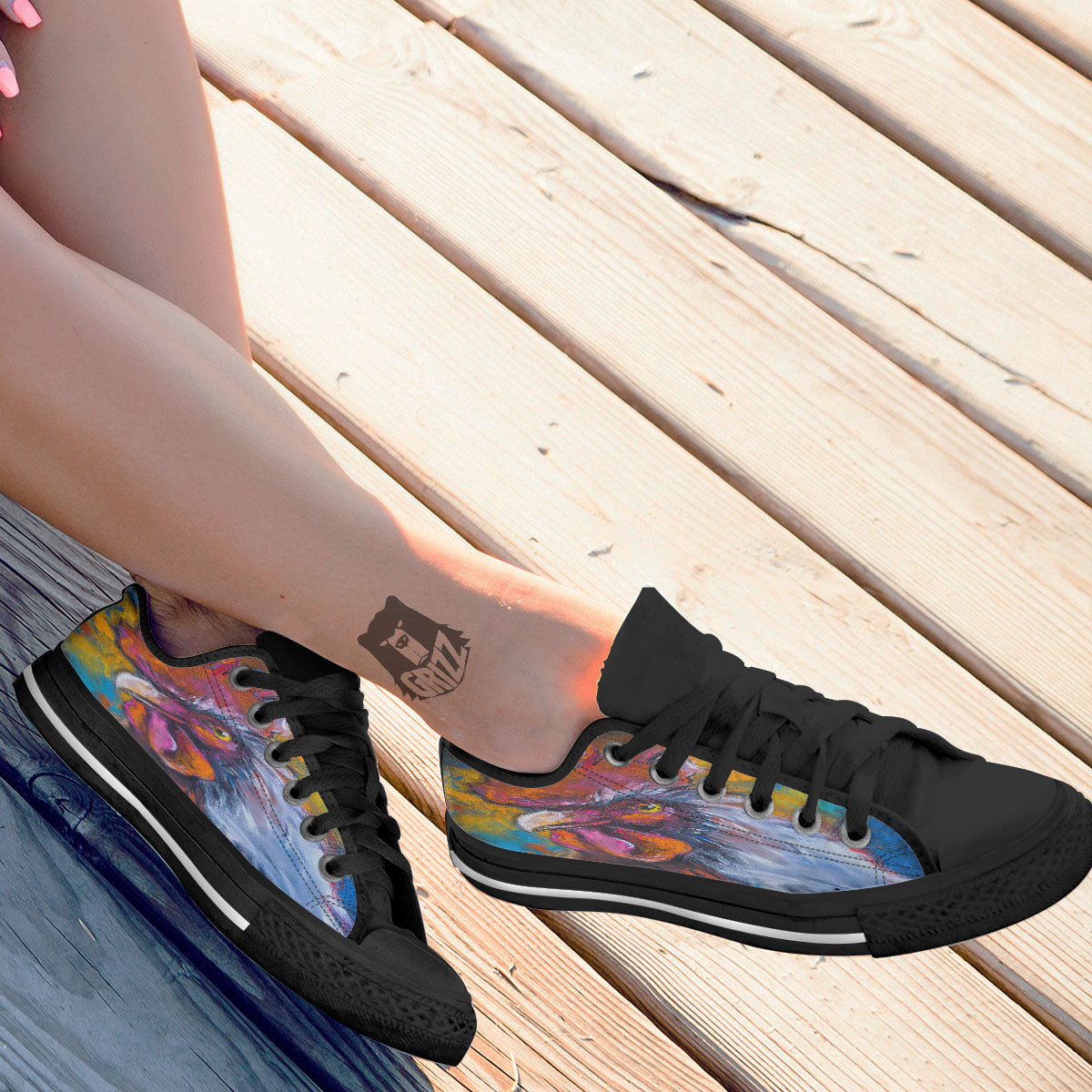 Painting Rooster Print Black Low Top Shoes-grizzshop