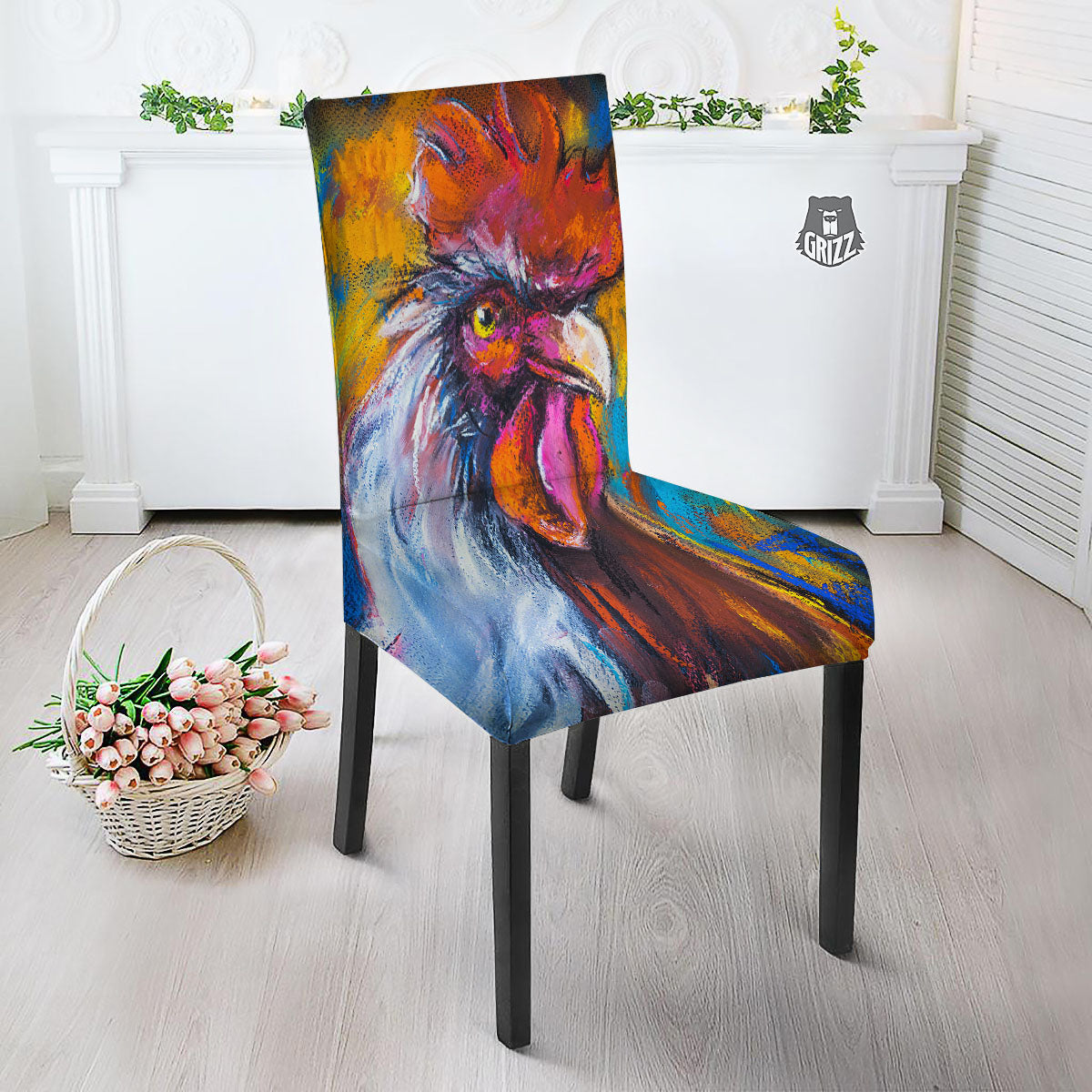 Painting Rooster Print Dining Chair Slipcover-grizzshop