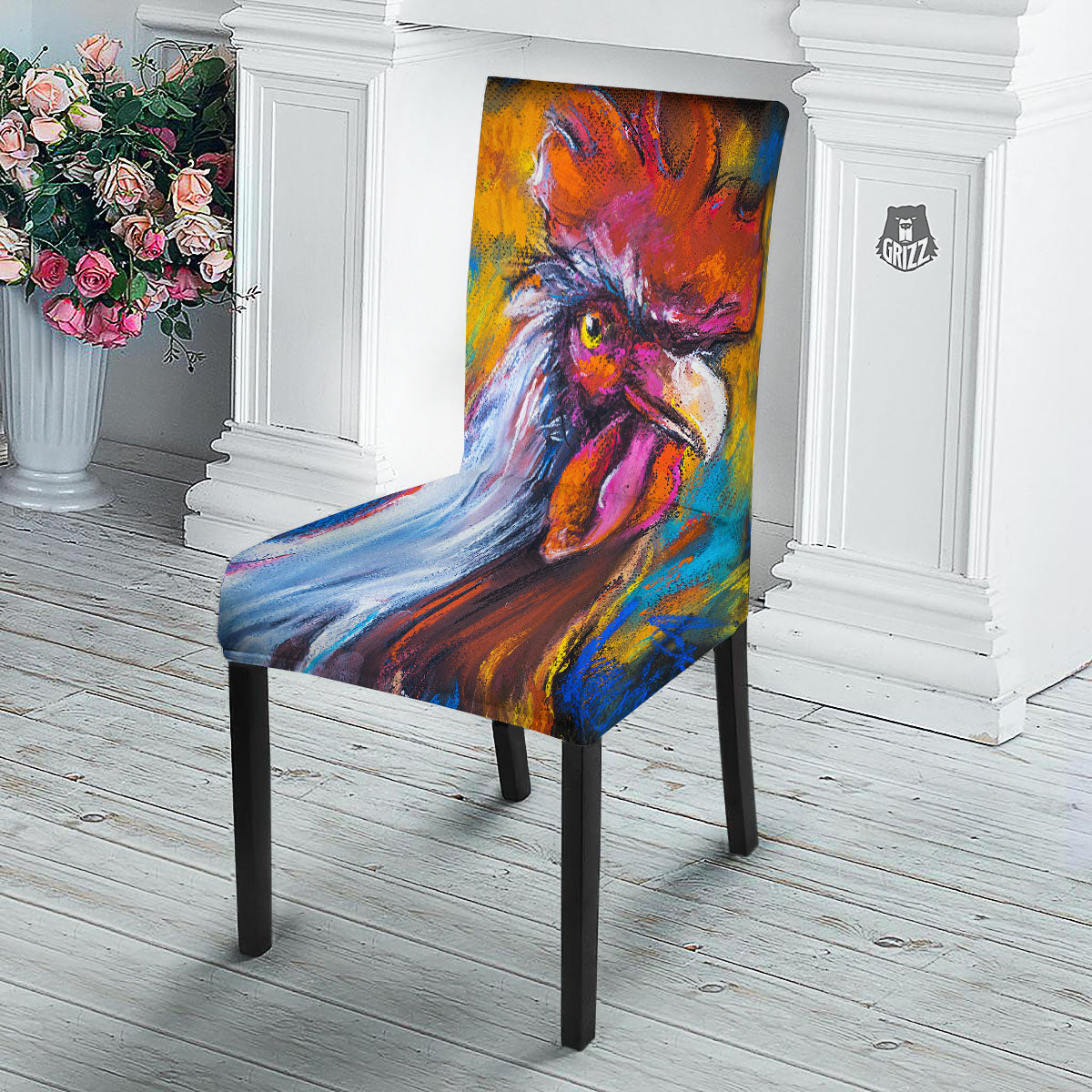 Painting Rooster Print Dining Chair Slipcover-grizzshop