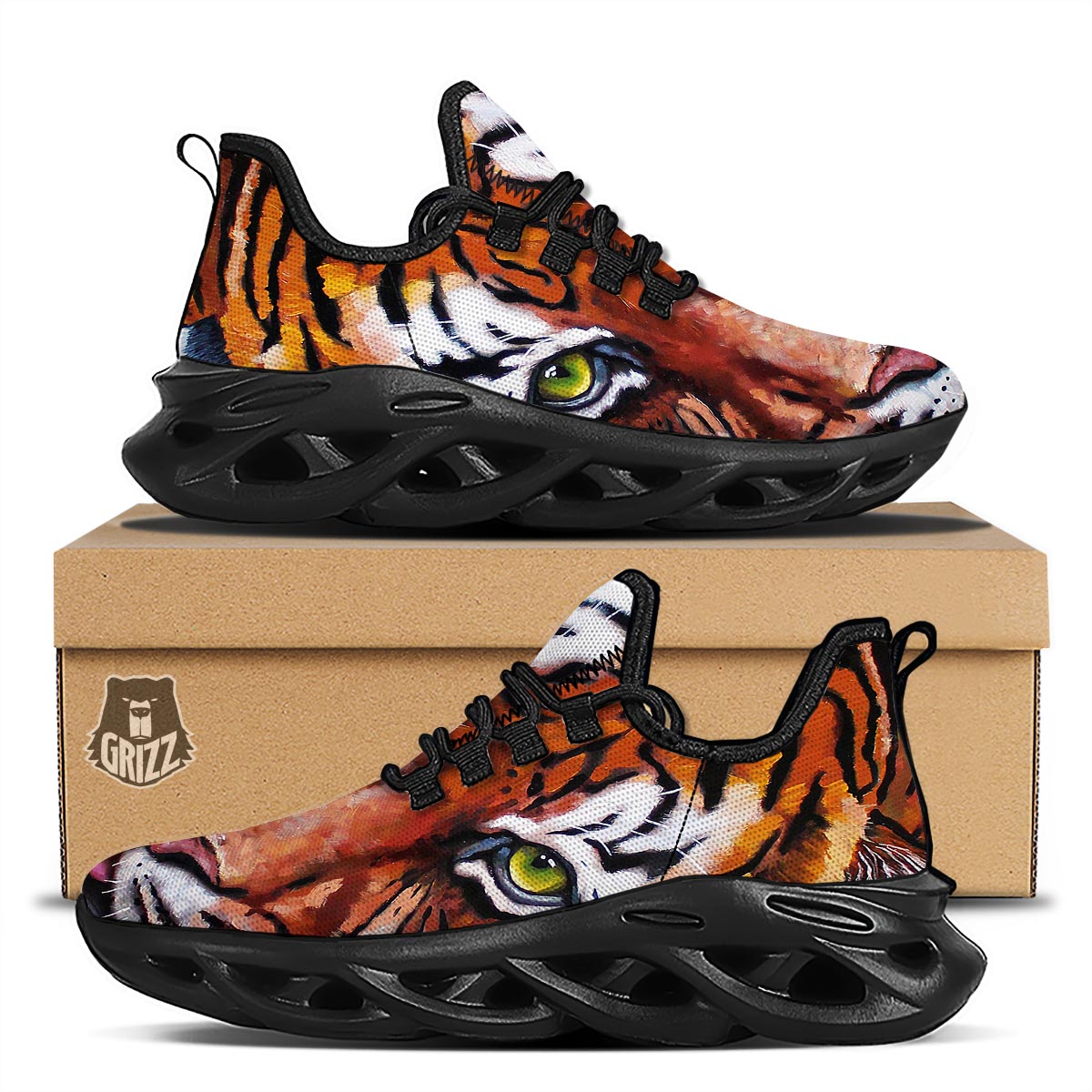 Painting Tiger Print Black Running Shoes-grizzshop