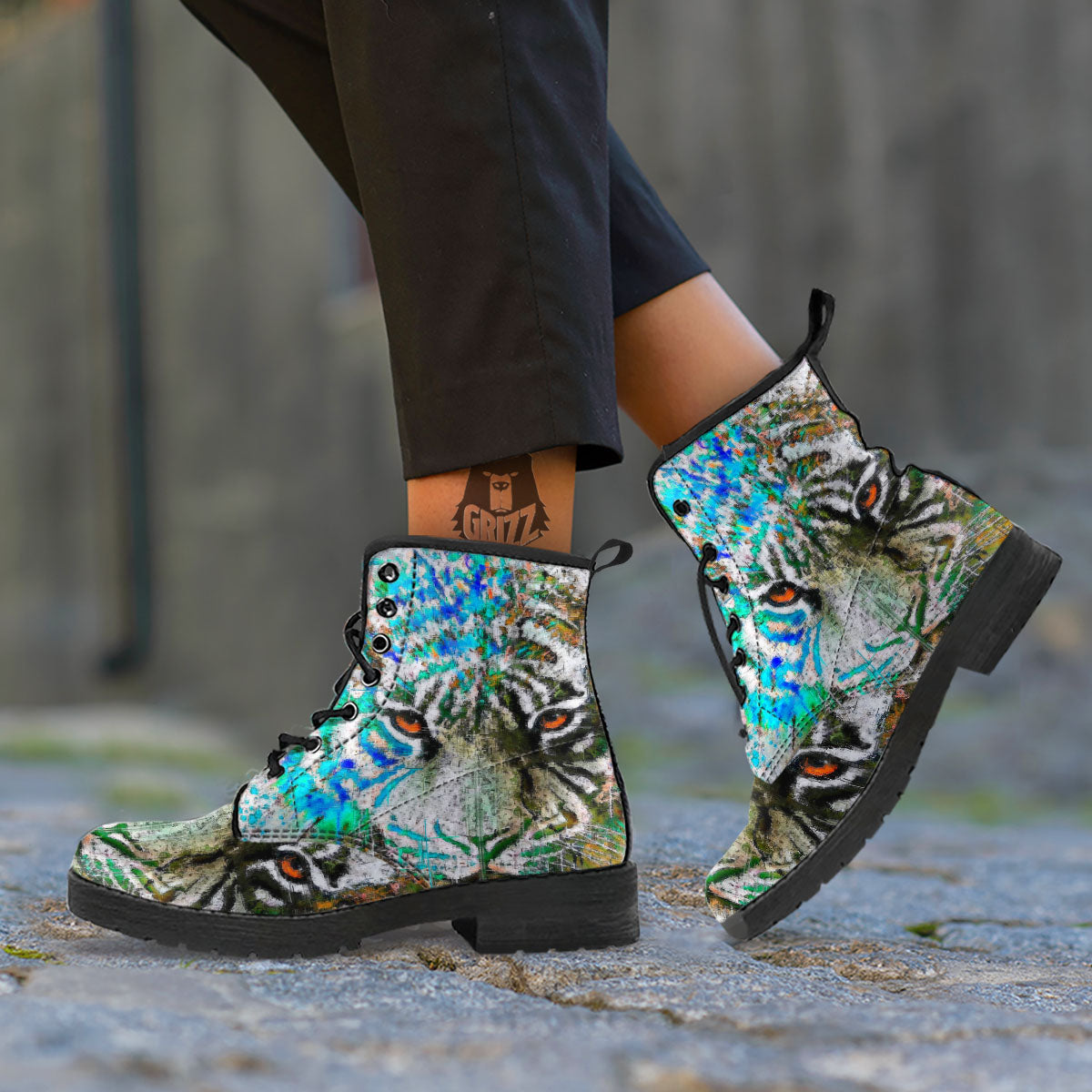 Painting White Tiger Print Leather Boots-grizzshop