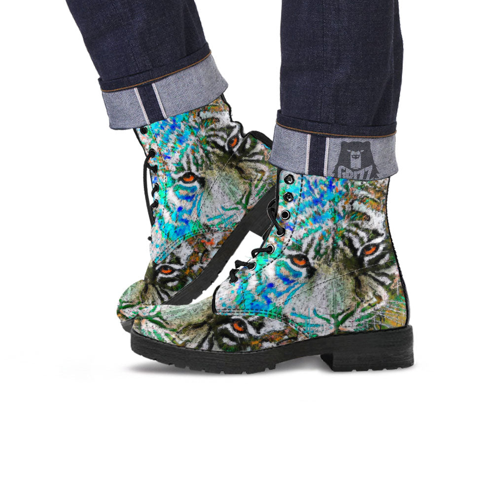 Painting White Tiger Print Leather Boots-grizzshop