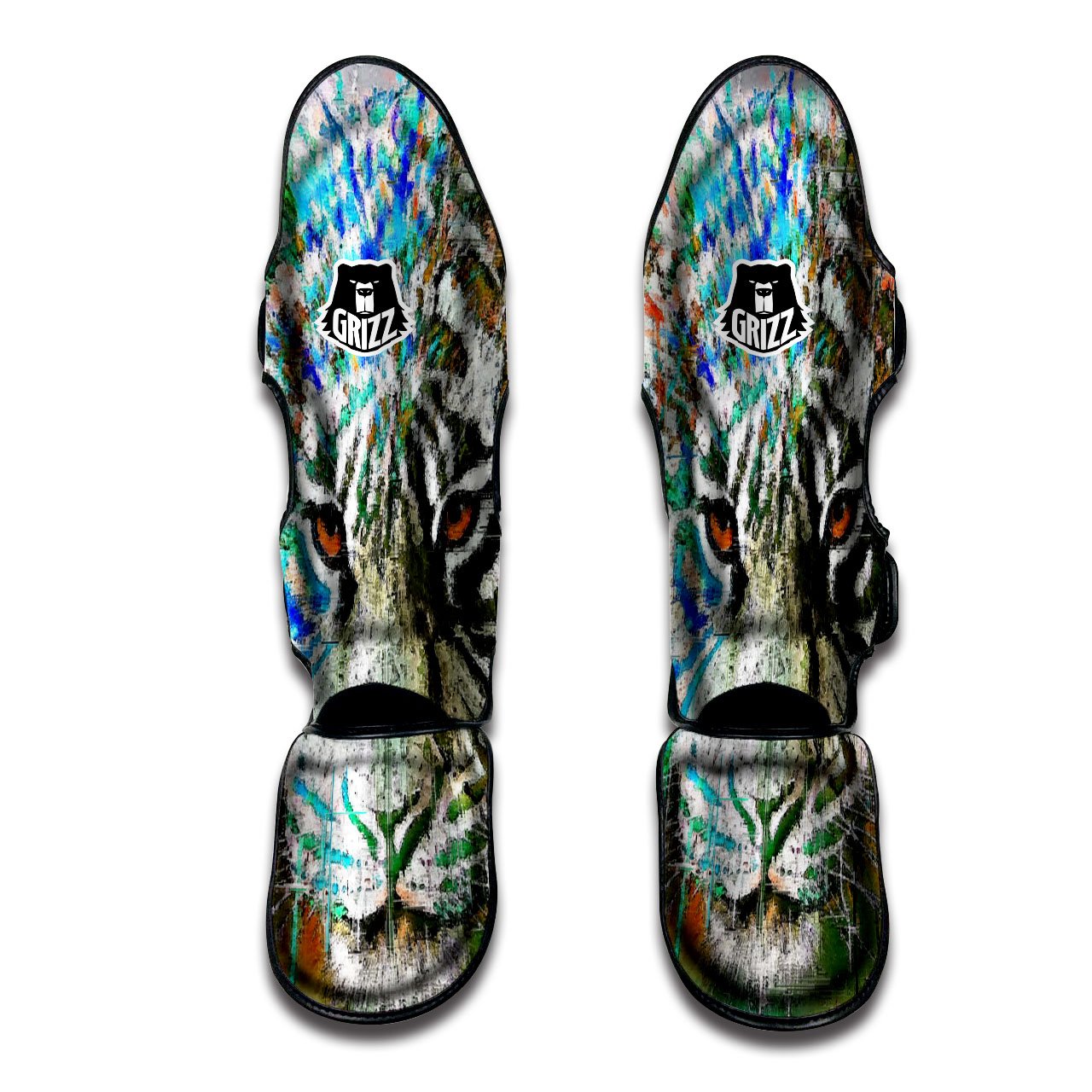 Painting White Tiger Print Muay Thai Shin Guards-grizzshop